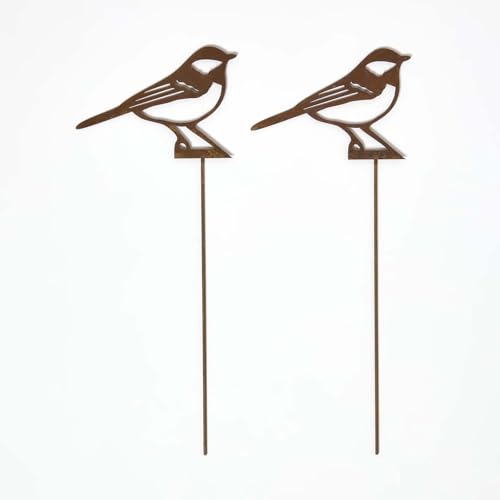 Image of HOMESCAPES Metal Garden Stakes Decorative, Set of 2 Rustic Metal Birds Silhouette, 37cm Great Tit Bird Stake, Weatherproof Vintage Outdoor Ornament for Gardens, Plant Pots, Planters & Balcony