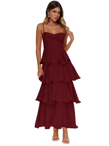 Maxianever Flowy Chiffon Tiered Bridesmaid Dress Spaghetti Straps Formal Evening Dresses