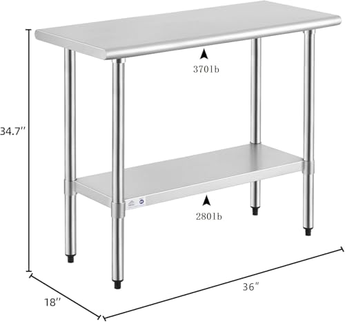 Image of ROCKPOINT Stainless Steel Table for Prep & Work 18x36 Inches, NSF Metal Commercial Kitchen Heavy Duty Table with Adjustable Under Shelf and Table Foot for Restaurant, Home and Hotel