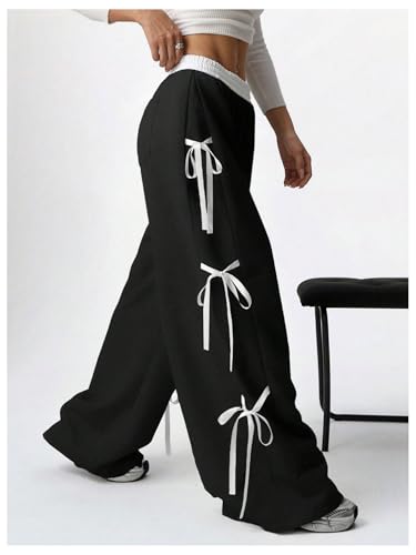 SHENHE Women's Wide Leg Baggy Sweatpants Elastic Waist Tie Bow Pants Loose Long Pants4