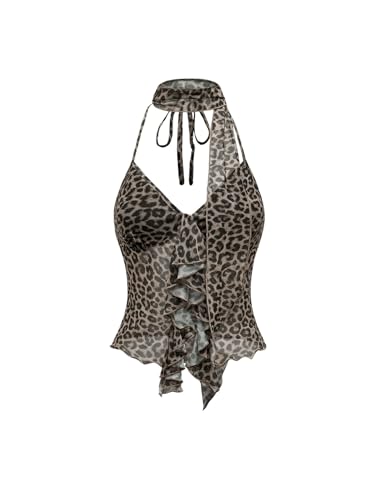 GORGLITTER Women's Cheetah Leopard Print Halter Tops Animal Mesh Bow Going Out Scarf Cute Summer Casual Trendy Top 2025