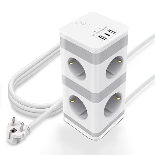 KS Mehrfachsteckdose mit USB, Steckdosenturm 8 Fach Steckdosenleiste mit Schalter 3680W/16A Mehrfachstecker mit USB C und USB A, Steckerleiste 1,5m Verlängerungskabel für Büro