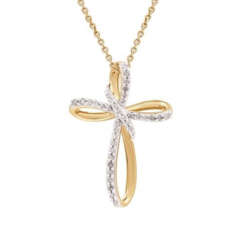 GILDED 14K Yellow Gold over 925 Sterling Silver Necklace for Women with Natural Diamond and Twist Cross Pendant, 14K Gold Plated over Sterling Silver, 925 Sterling Silver, 18