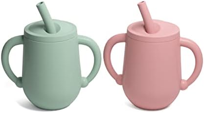 Uyokcnie Toddler Cup, Silicone Training Cup Sippy Cup with Straw, Spill Proof and Non-Slip Handles, NO BPA, Unbreakable, Trainer Cup for Babies Toddlers and Infants, 2 Count, 4 oz, Sage Green, Blush