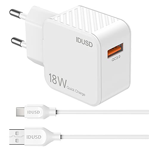 IDUSD Cargador Carga Rápida Quick Charge 3.0, Salida de un Puerto 18W 3A Incluye Cable de Carga Tipo C para Sansung S21 S20+, Xiaomi Redmi 10 Note 9 Mi 11Mi 9, Huawei P40 P30, Realme, LG, TCL