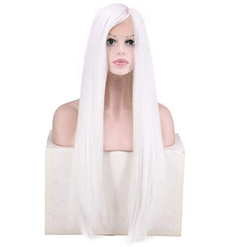 Perruque blanche dentelle frontale tissée main cheveux longs raides synthétiques - 2