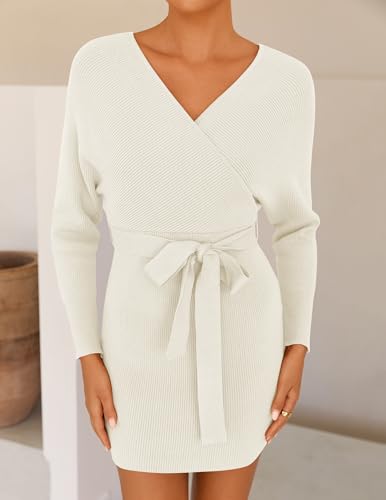 ZESICA Women's Fall Long Batwing Sleeve Wrap V Neck Knitted Backless Bodycon Pullover Sweater Dress with Belt2