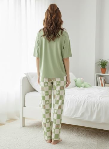 Image of SHIENZY Women Korean Style Night Suit | Round Neck Short Sleeve Cute Printed Cotton Pajama Set for Girls & Women | Soft Nightwear, Loungewear, Sleepwear for Women | Full Pyjama Set | Co-ord Set
