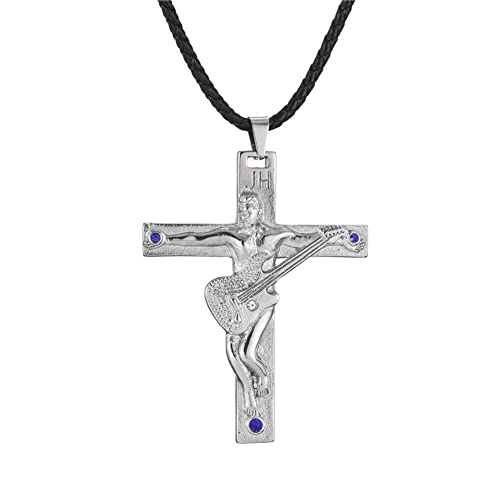 Collier Johnny Hallyday en acier avec pendentif croix guitare pour fan