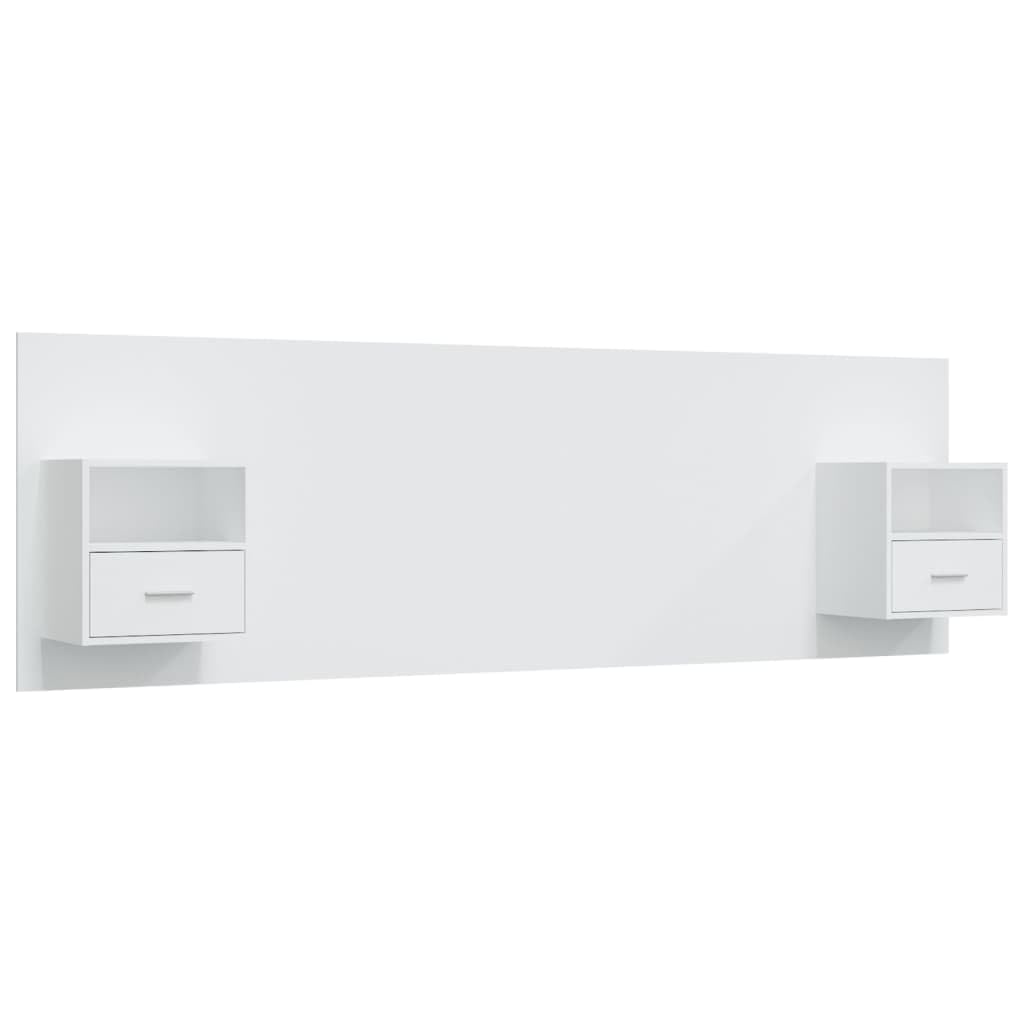 Tête de lit blanche avec tables de chevet intégrées, en bois durable, 160 cm de large, montage mural pour chambre à coucher, comprend deux étagères
