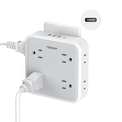 USB Wall Charger, Surge Protector Outlet Extender, TESSAN Outlet Splitter with USB C Charger Block, 8 AC Multiple Power Splitter Surge Protector for Office Home Kitchen Dorm Room white-grey