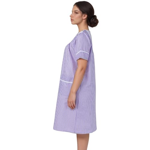 Image of Women's Short Sleeve Woven Snap-Front Closure Striped Embroidery Housecoat Duster Nightgown with Front Pockets