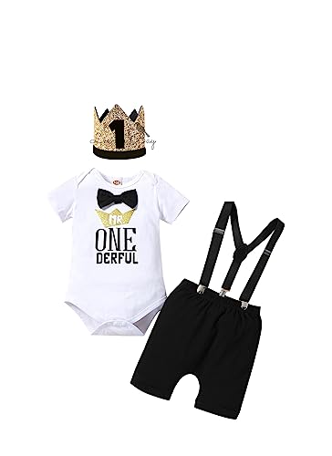 Highnesson-ww Baby Boy Funny First Birthday Clothes Infant Clothes Bow Tie crown onederful Romper Pants Set Suspenders Cake Smash Outfits