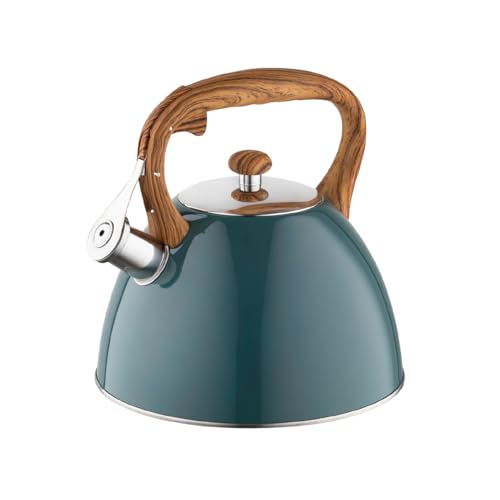 FLORINA Wasserkessel (2,5 l) I Edelstahl Teekessel FRANK I Flötenkessel mit Holzgriff I Automatischer Pfiff I Wasserkocher für Induktionsherd, Gasherd und Elektroherd I Farbe: dunkelgrün matt
