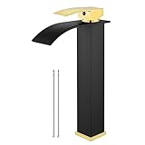 Airuida Waterfall Spout Vessel Sink Faucet Matte Black&Polished Gold Bathroom Vanity Faucet Lavatory Deck Mount Single Handle Single Hole Farmhouse Bar Mixer Tap Washbasin Faucet