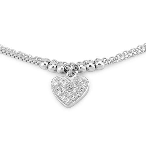 Vanbelle Rhodium Plated 925 Sterling Silver Double Layered Beaded Chain With Dangling Heart Charm & Cubic Zirconia Stones Bracelet For Women And Girls #TOP1