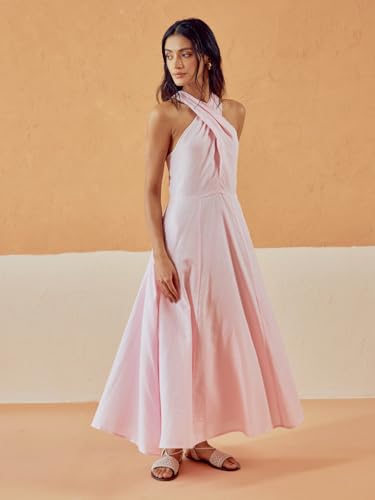 Image of FIORRA Women's Light Pink Solid Linen Maxi Dress