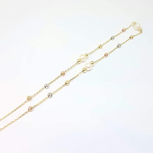 14K Real Solid Gold Beaded Pearl And Italian Balls Pendant Necklace For Women #TOP5