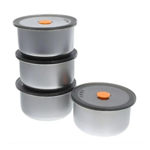 Conjunto 4 Potes Herméticos Redondos em Aço Inox, 450ml, Tampa com Vedação - Marmita Compacta Empilhável para Organizar Refeições, Alimentos, Saladas e Lanches