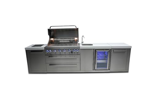 Mont Alpi MAi805-BEV 44-inch 6 Burner 115000 BTU Stainless Steel Modular Outdoor Kitchen Island Barbecue Grill with Beverage Center + White Granite Countertops + Outdoor Rated Refrigerator