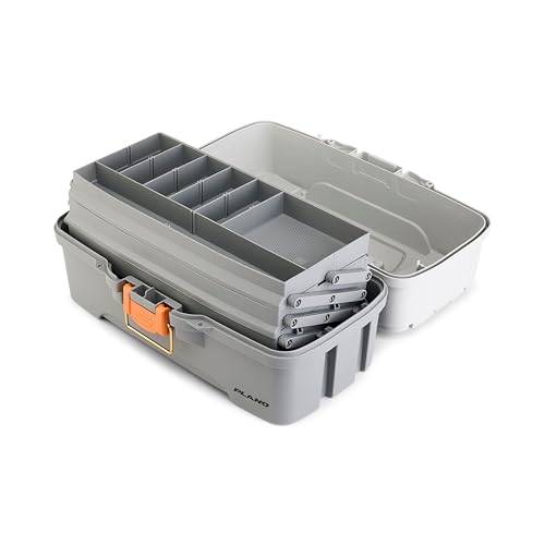 Image of Plano Three-Tray Tackle Box, Light Grey /Dark Grey, Rust-Proof Brass Latch, Top-Access Tray with Deep Storage, Made in the USA, Portable Fishing Gear Storage Organizer
