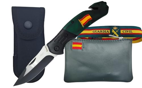 TORO SURVIVAL Pack Navaja Acero 3Cr13MoV, Plegable con Liner Lock, Rompecristales y Corta cinturón + Funda de Nylon + Monedero de Piel + Pulsera Bordada (Stamina GC)