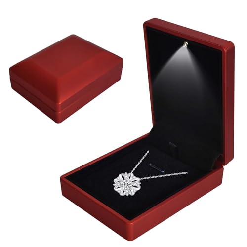 Caja De Collar de Joyería con Luz LED, Collar Caja De Presentación De Joyas, Caso De Collar Con Colgante De Terciopelo, para Propuesta Compromiso Boda Valentín, 7 * 9 * 3.3cm, Rojo