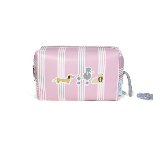 PONETTE - Neceser Vuelta al Cole Infantil de Tejido Rayado en Color Rosa, Asa con Cordón, Perros, Teckel, Caniche, Niño, Niña, Juvenil, Marca Española