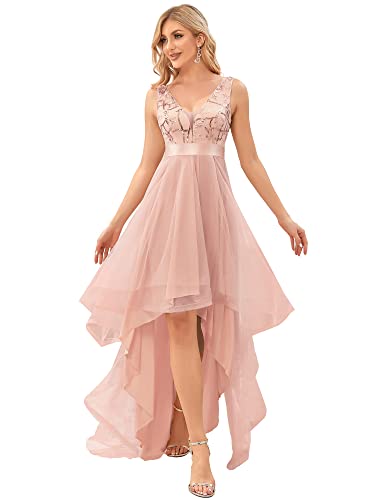 Ever-Pretty Robe de Cocktail Femme Longue Asymétrique High Low Col V Tulle Paillettes Soirée Rose Clair 42