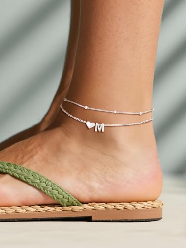 Image of SILVERCUTE Silver Anklets for Women, Waterproof Initial Heart Ankle Bracelets Sterling Silver, Adjustable Layered Foot Jewelry Summer Beach Fashion with Personalized Name Design, Gift Package