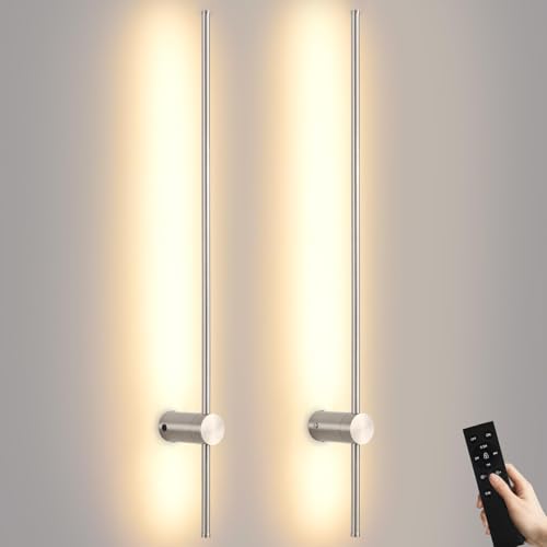Image of Battery Operated Wall Sconces with Remote, Dimmable 3000K-6000K /Timer /Memory LED Wall Lamp, 350Rotate, USB Rechargeable Wireless wall lights for Living Room, Bedroom Brushed Nickel 39.3 inch (2 Pack)