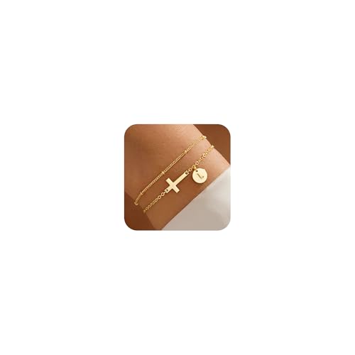 TINGN Bracelet Femme Or - Bracelet Plaqué Or 14 Carats avec Croix - Bracelet Multi-rangs Personnalisé avec Monogramme et Lettres - Bracelet en Or pour...