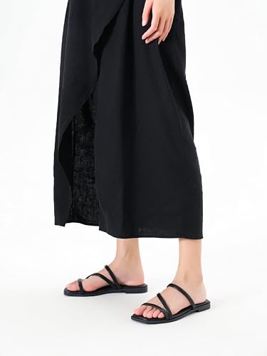 Image of LACUONE Strappy Flat Sandals For Women Slip On Square Open Toe Slides Sandals