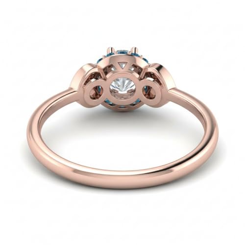 Image of Rose Gold Plated Diamond CZ & Blue Sapphire Petal Halo Engagement Ring for Women, Petite Round Shape Wedding & Everyday Jewelry, Handmade Gift for Wife US Size 4-12