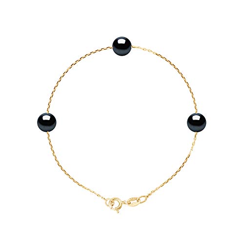 PEARLS & COLORS - Bracelet Chaîne 3 Véritables Perles de Culture d'Eau Douce Rondes 7-8 mm - Qualité AAA+ - Colori Black Tahiti - Disponible en Or Jaune et...