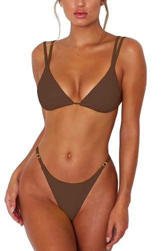 ForBeautyShe Womens 2 Piece Brazilian Thong Bikini Sets High Cut Swimsuits Padded Triangle Top Bathing Suits Brown S