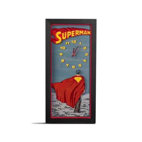 Superman 3D Wall Clock - Unique Collectible Wooden Clock, Silent Large Modern Rustic Decorative Home Decor for DC Fans (Coffee Brown, M)