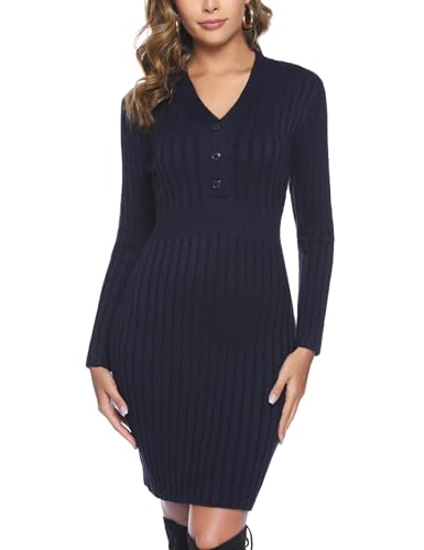 Wayleb Strickkleid Damen Winter Herbst Knitted Dress Kleider Pulloverkleid Sexy Kleid Damen Elegant V Ausschnitt Langarm Winterkleid