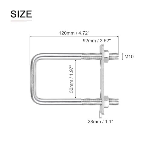 Image of DTGN M10x50x120mm(ThreadxWxL) Square U Bolt - 2Pack - Good for Trailer Pipe Replacement Parts - 304 Stainless Steel U Shape Bolts