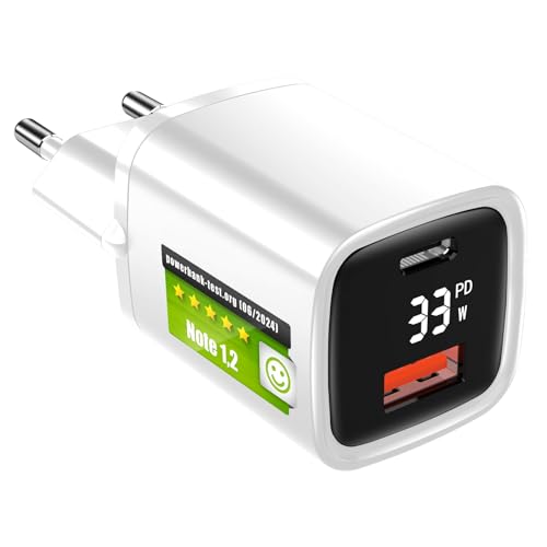 Eaxus® USB A + USB C Ladegerät mit Display - 2 Port 33W USB Netzteil mit Power Delivery / QC4.0 & Schnellladefunktion, Weiß
