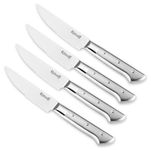 Rittniff Forged Steak Knives Set of 4, Full-Tang Serrated German Steel, Dishwasher-Safe Luxury Gift Box, Sharp 1.2' Wide Handle Non-Slip, Ultimate Housewarming & Wedding Steak Knife Set