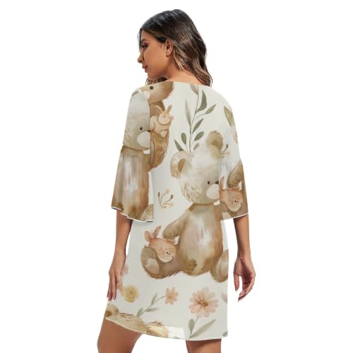 Robe col en V motif ours lapin chic beige à manches 3/4