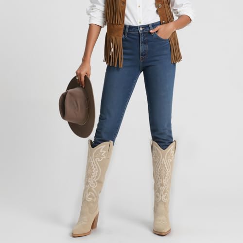 Image of Modatope Knee High Cowboy Cowgirl Boots Embroidered Tall Western Boots for Women with Block Chunky Heel Pointed Toe and Slip on Design