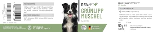 ReaVET Grünlippmuschel Kapseln für Hunde hochdosiert 100Stk - Gelenktabletten Hund mit Grünlippmuschelpulver in Vollfettqualität 10,2%, Grünlippmuschelextrakt für Gelenke