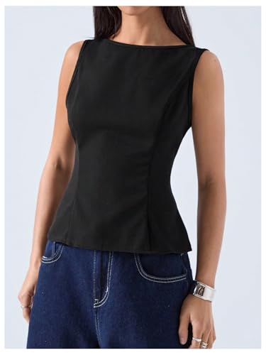 SHENHE Women's Sleeveless Tank Tops Boat Neck Cinched Waist Flare Hem Business Casual Cropped Blouse Top3