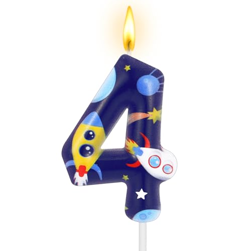 Space Theme Birthday Candle Number 4 Universe Planet Rocket Spacecraft Cake Toppers for Boys Girls Kids Birthday Party Decorations