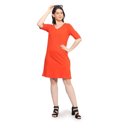 Image of Frenchtrendz Women's Cotton and Back Lace Designer V-Neck A-Line Knee Length Dress