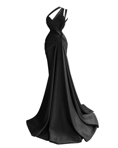 Women's One Shoulder Beaded Prom Dress Satin Pleated Mermaid Long Ball Gown Formal Bridesmaid Dress Evening Party Dress