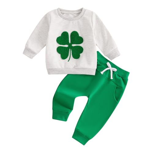 Doqcey Toddler Baby Boy St. Patrick's Day Outfit Four Leaf Clover Embroidery Sweatshirt Elastic Waist Pants Set Irish Clothes (Gray, 12-18 Months)