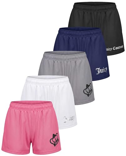 Juicy Couture 5 Pack: Womens 3 Mesh Shorts Athletic Running Workout Gym Yoga Dance Sports Active Casual Summer with Pockets- Set 6 XL